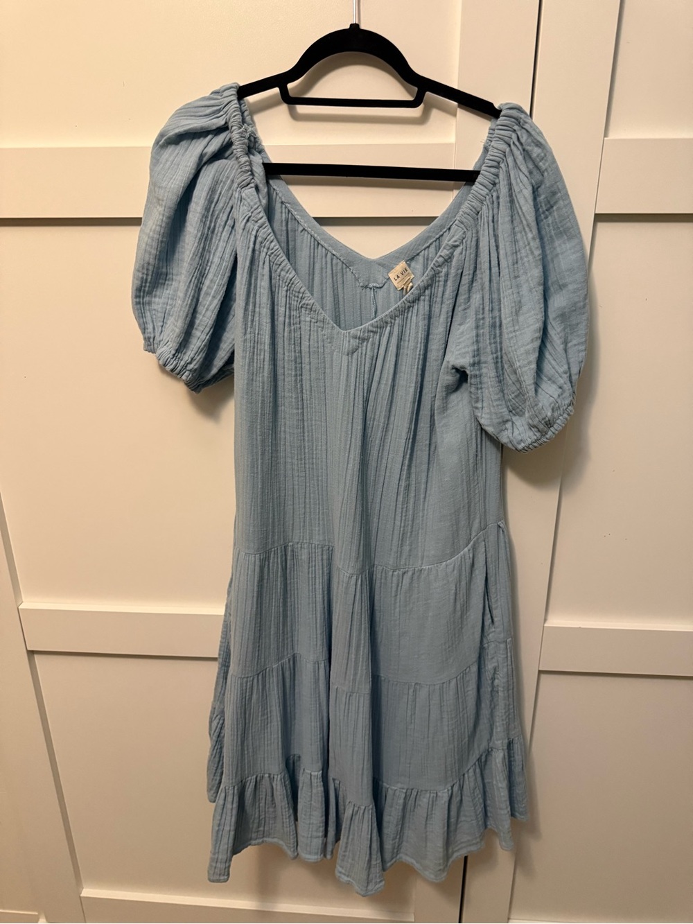 Light Blue Puff Sleeve Tiered Dress
